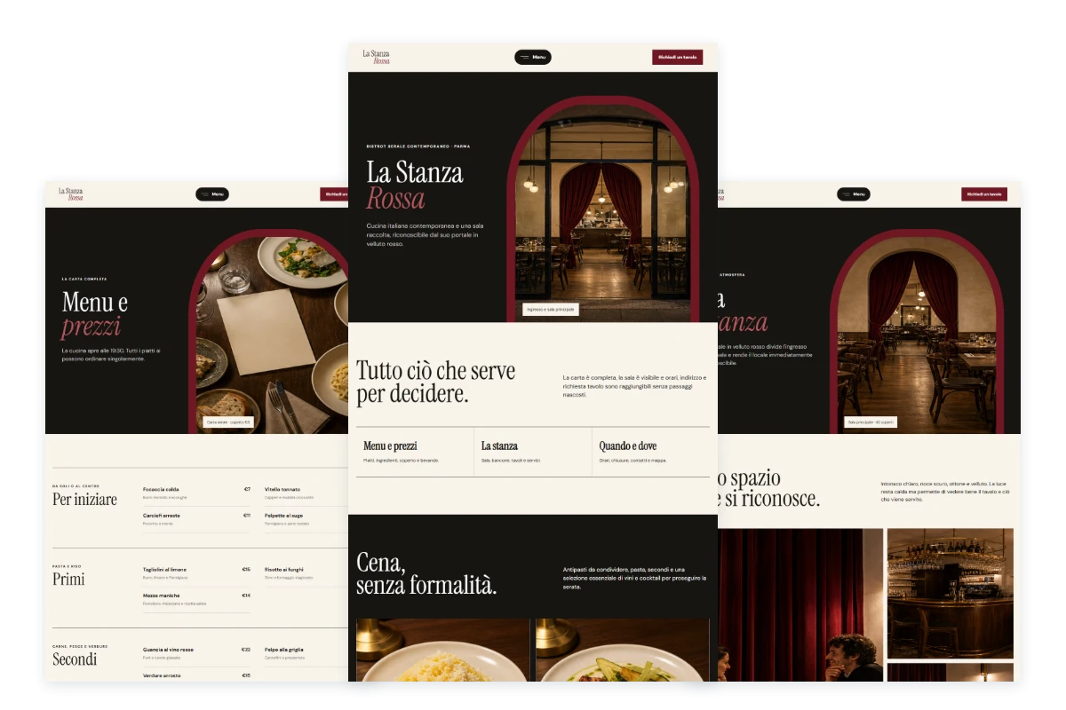 Sito Web professionale per ristoranti La Stanza Rossa: homepage, menu e locale