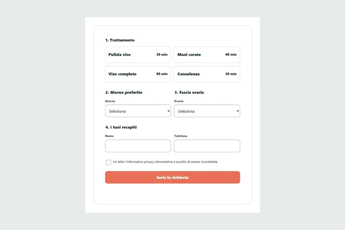 Sito Web professionale Linea Beauty Point: modulo di primo contatto