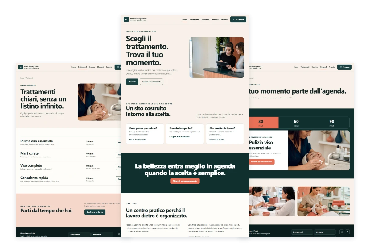 Sito Web professionale Linea Beauty Point: homepage, trattamenti e momenti