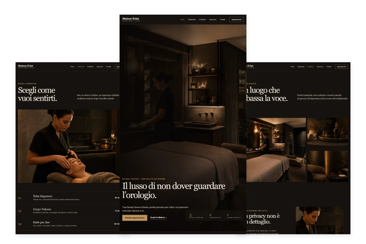 Sito Web professionale Luxury Dark: homepage, trattamenti e maison