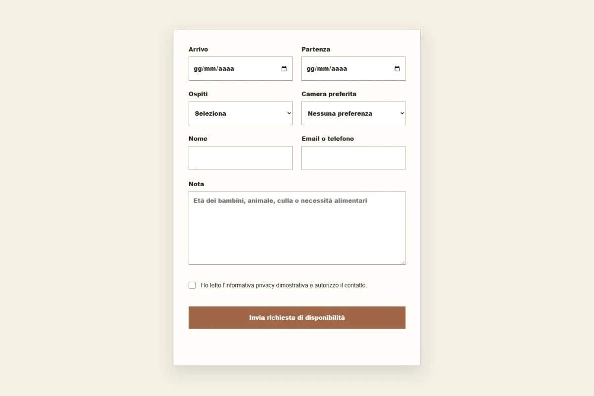 Sito Web professionale Masseria Terra Piccola: modulo di richiesta disponibilità