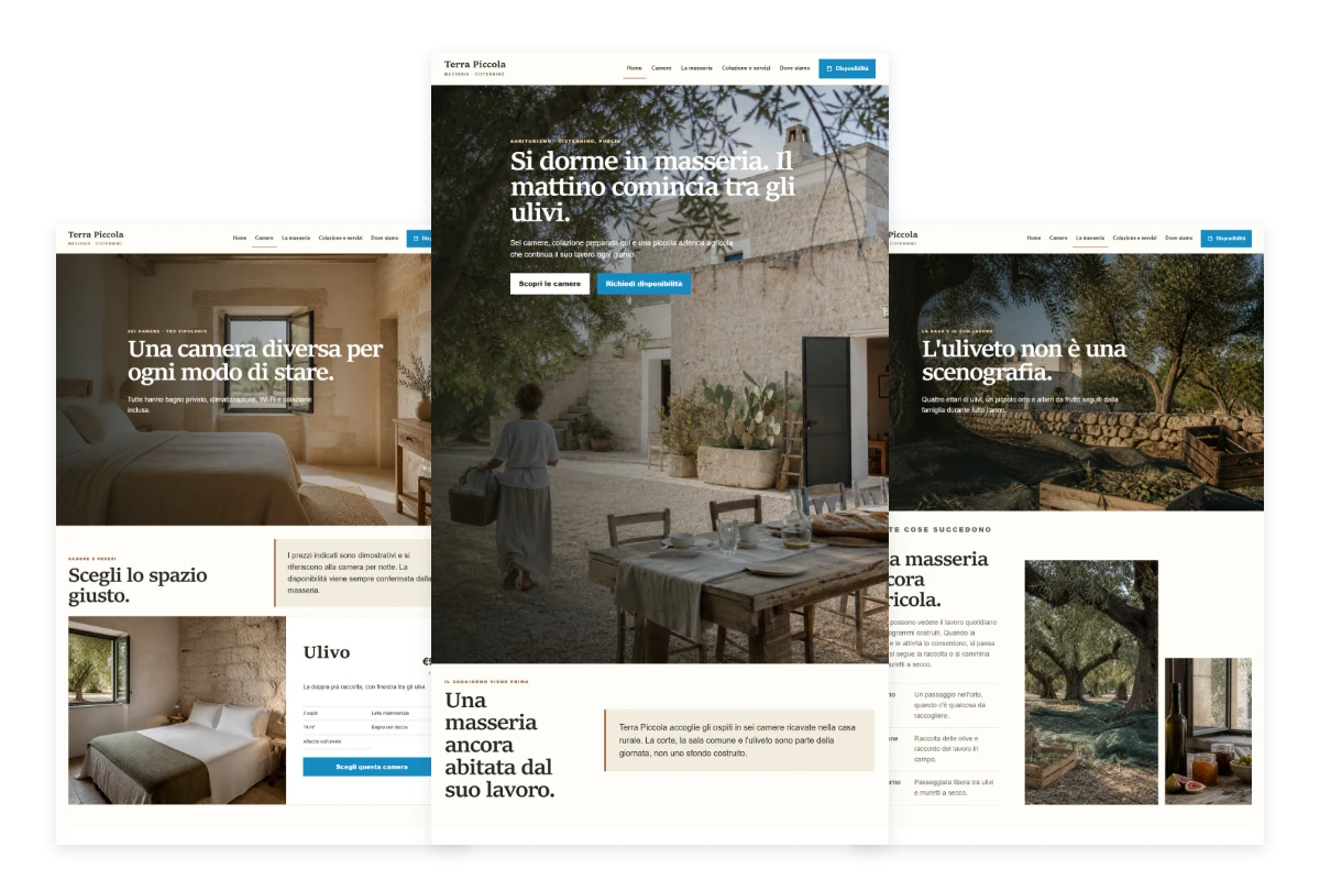 Sito Web professionale Masseria Terra Piccola: homepage, camere e presentazione della struttura