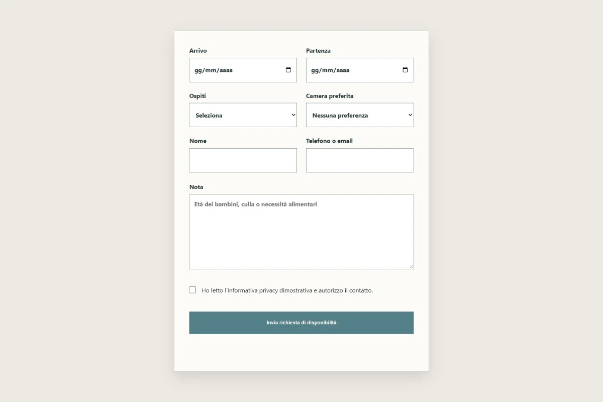 Sito Web professionale Masseria Vento Piano: modulo di richiesta disponibilità