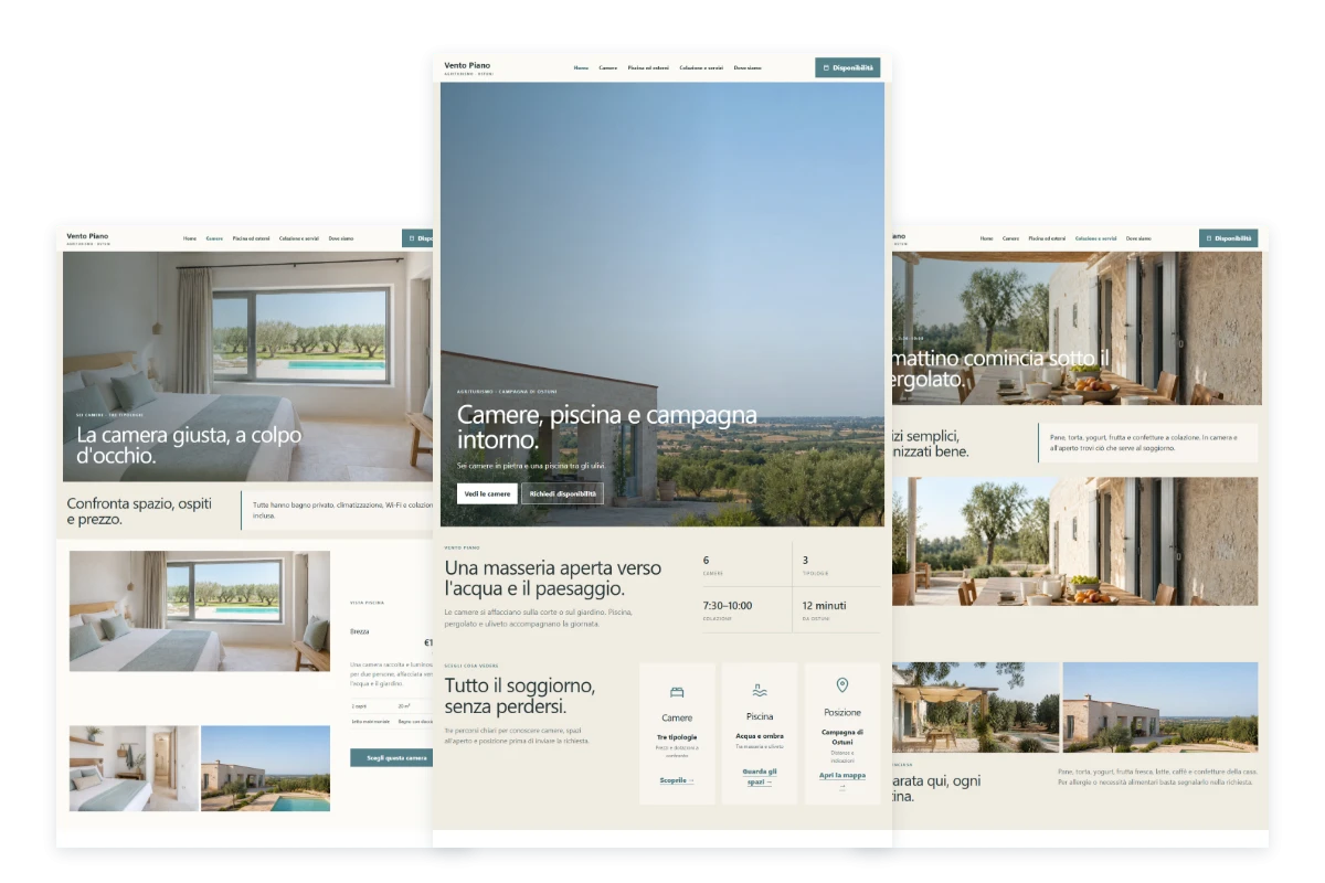Sito Web professionale Masseria Vento Piano: homepage, camere e presentazione della struttura
