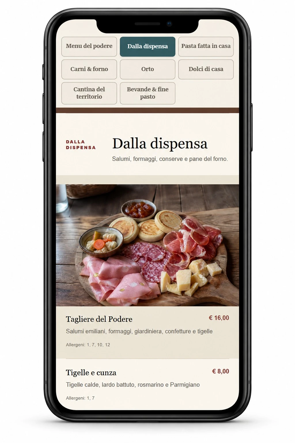Menu QR Podere 18 su smartphone: categorie, Tagliere del Podere, prezzo e allergeni