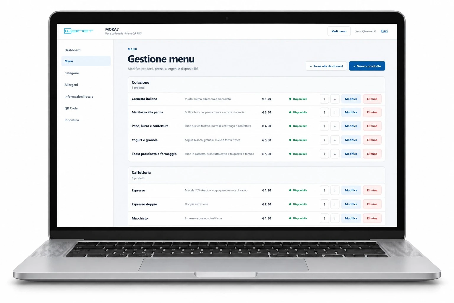 Area riservata Menu QR PRO su notebook: elenco dei prodotti, prezzi e disponibilità
