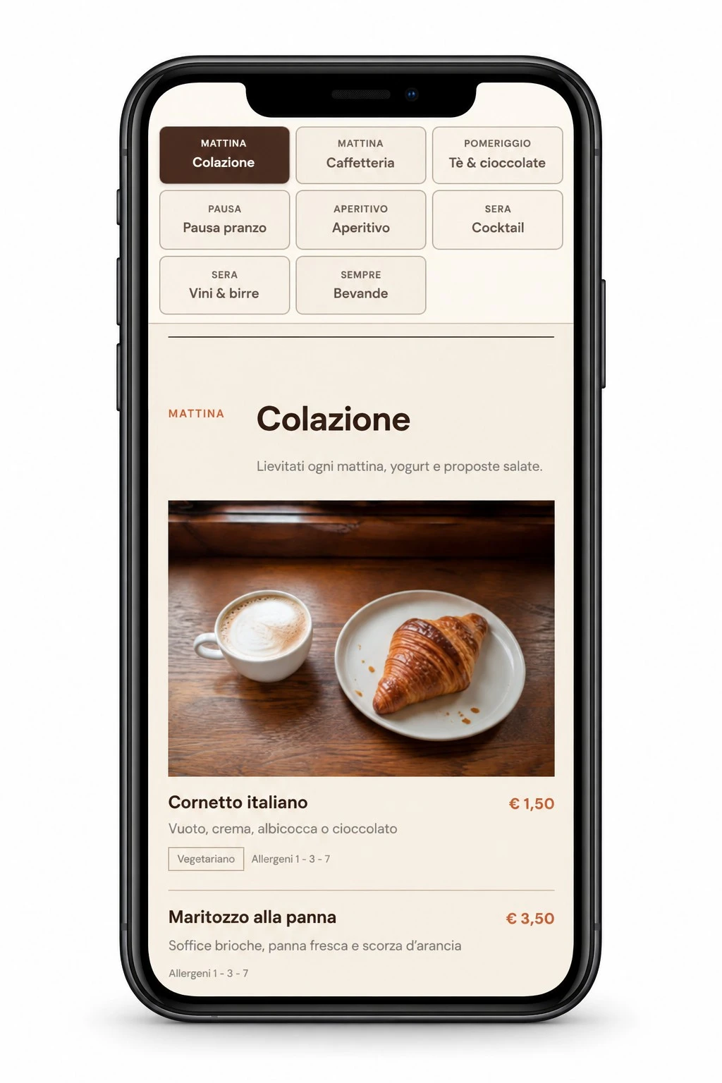 Menu QR MOKA7 su smartphone: categorie, Cornetto italiano, prezzo e allergeni
