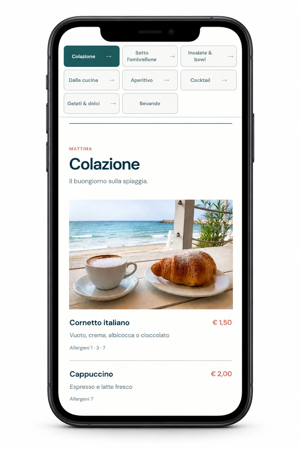 Menu QR LIDO 27 su smartphone: categorie, Cornetto italiano, prezzo e allergeni