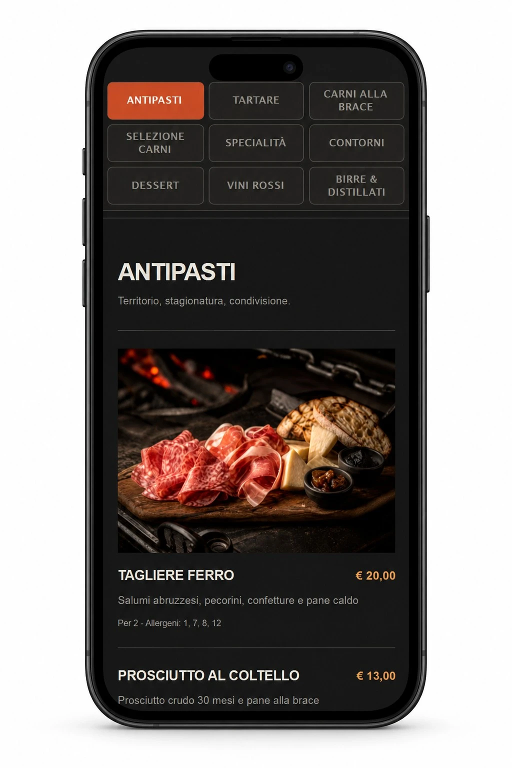 Menu QR Ferro & Brace su smartphone: categorie, Tagliere Ferro, prezzo e allergeni