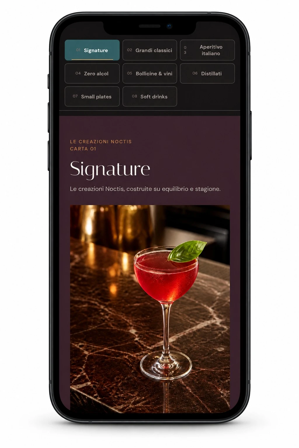 Menu QR NOCTIS su smartphone: categorie, Luna Rossa, prezzo e allergeni