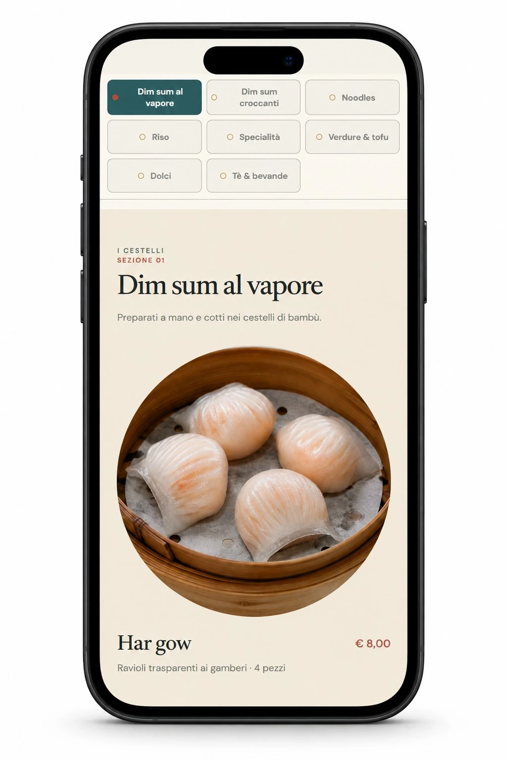Menu QR GIA DA su smartphone: categorie, Har gow, prezzo e allergeni