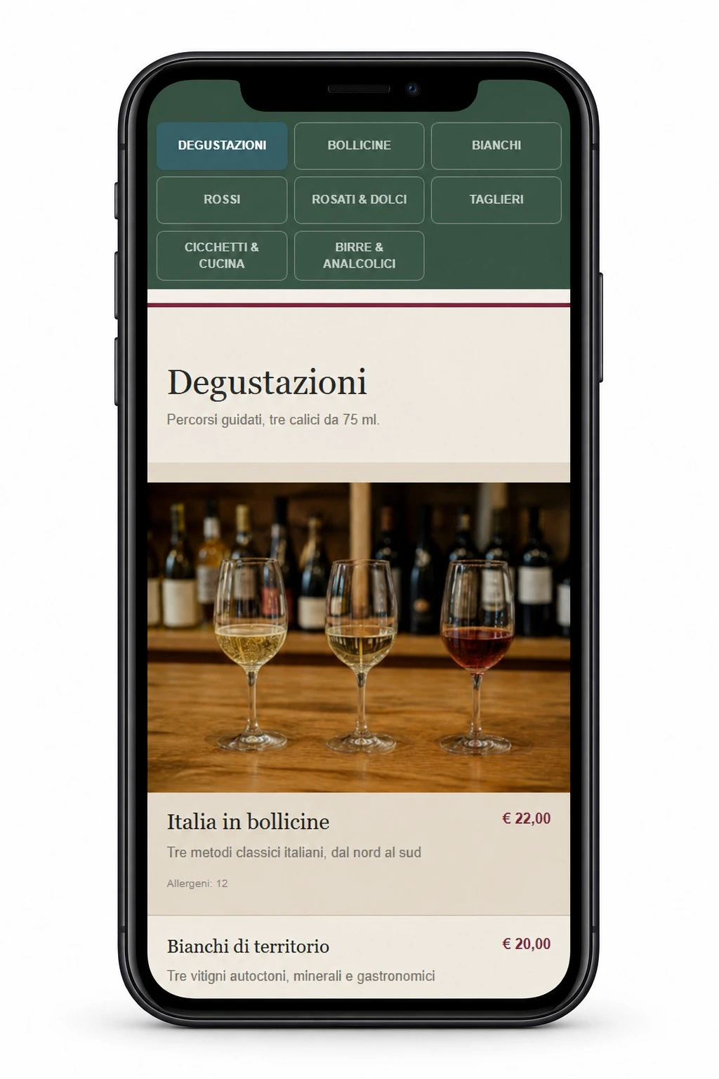 Menu QR GRAPPOLO su smartphone: categorie, Italia in bollicine, prezzo e allergeni