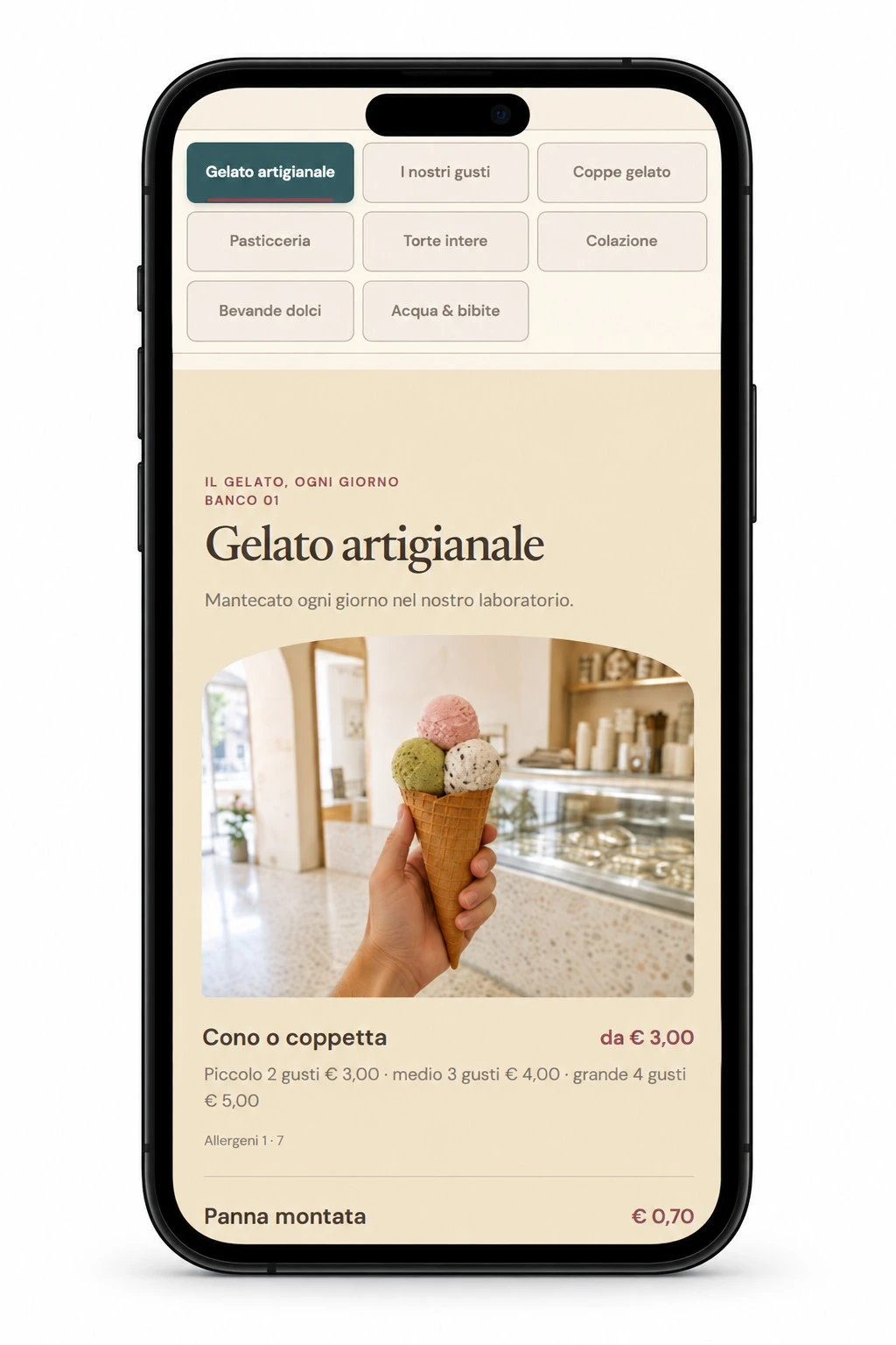 Menu QR Fior di Luna su smartphone: categorie, Cono o coppetta, prezzo e allergeni