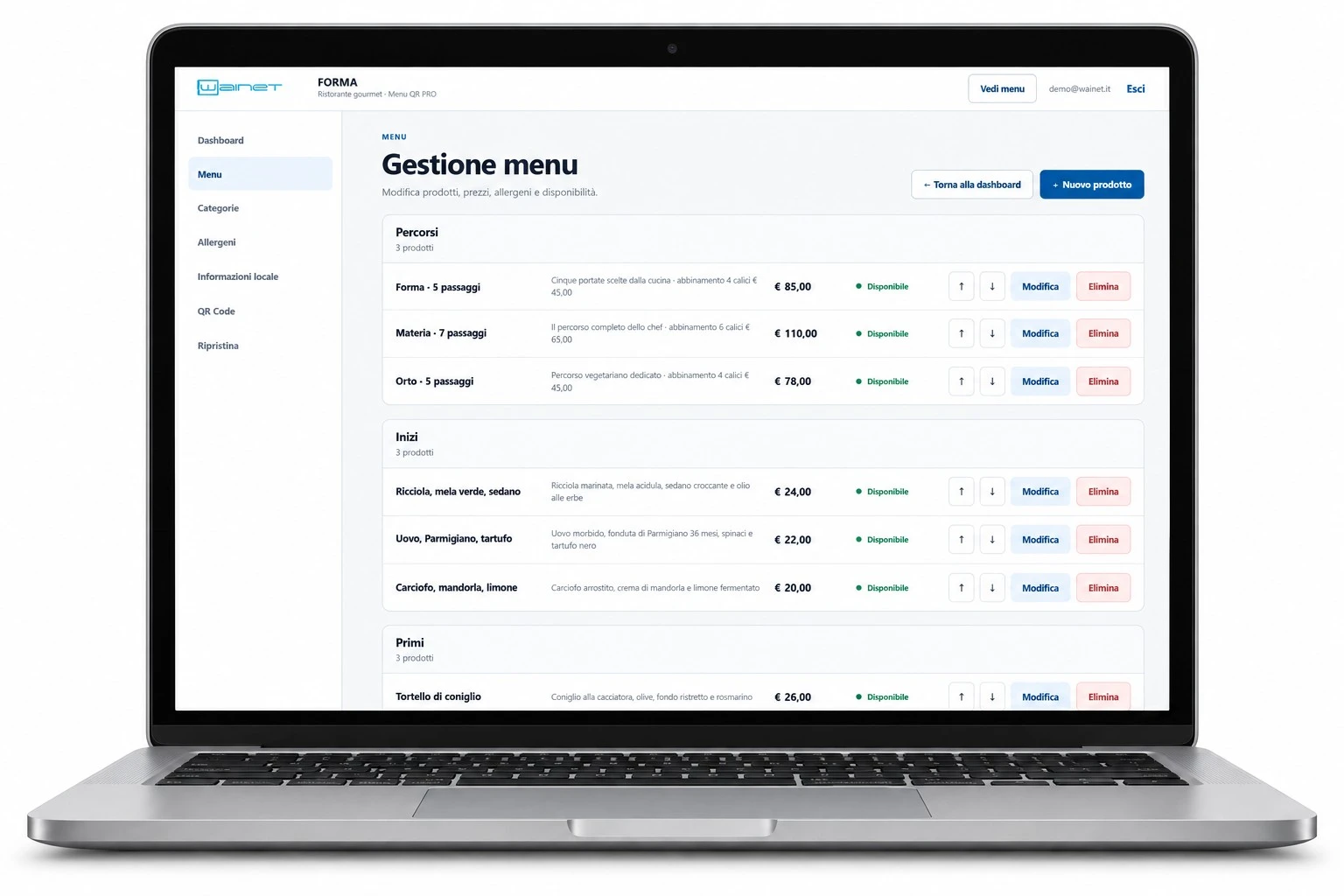 Area riservata Menu QR PRO su notebook: elenco dei piatti, prezzi e disponibilità