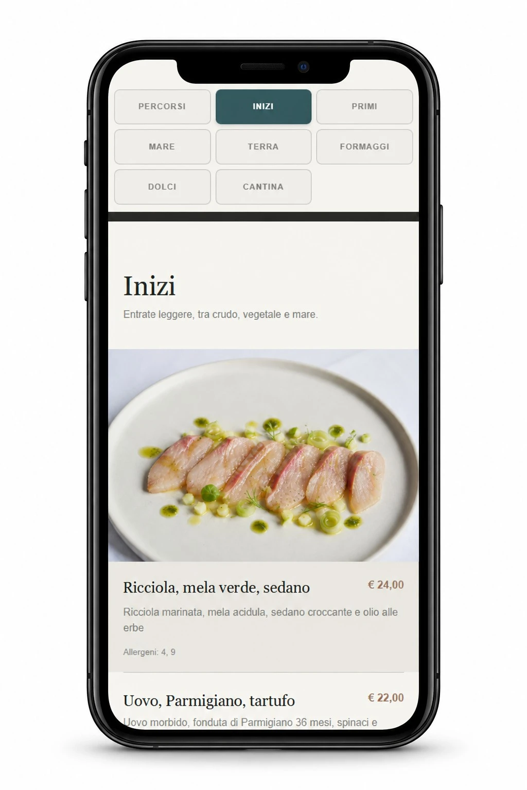 Menu QR FORMA su smartphone: categorie, Ricciola, mela verde, sedano, prezzo e allergeni