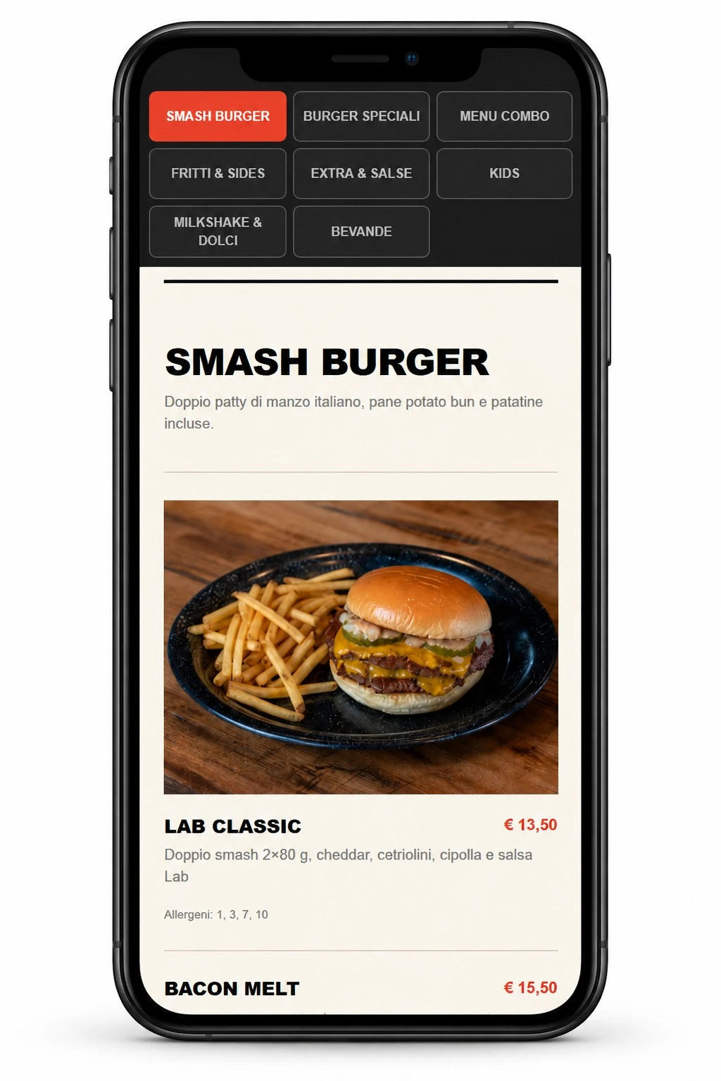 Menu QR Smash Lab su smartphone: categorie, Lab Classic, prezzo e allergeni