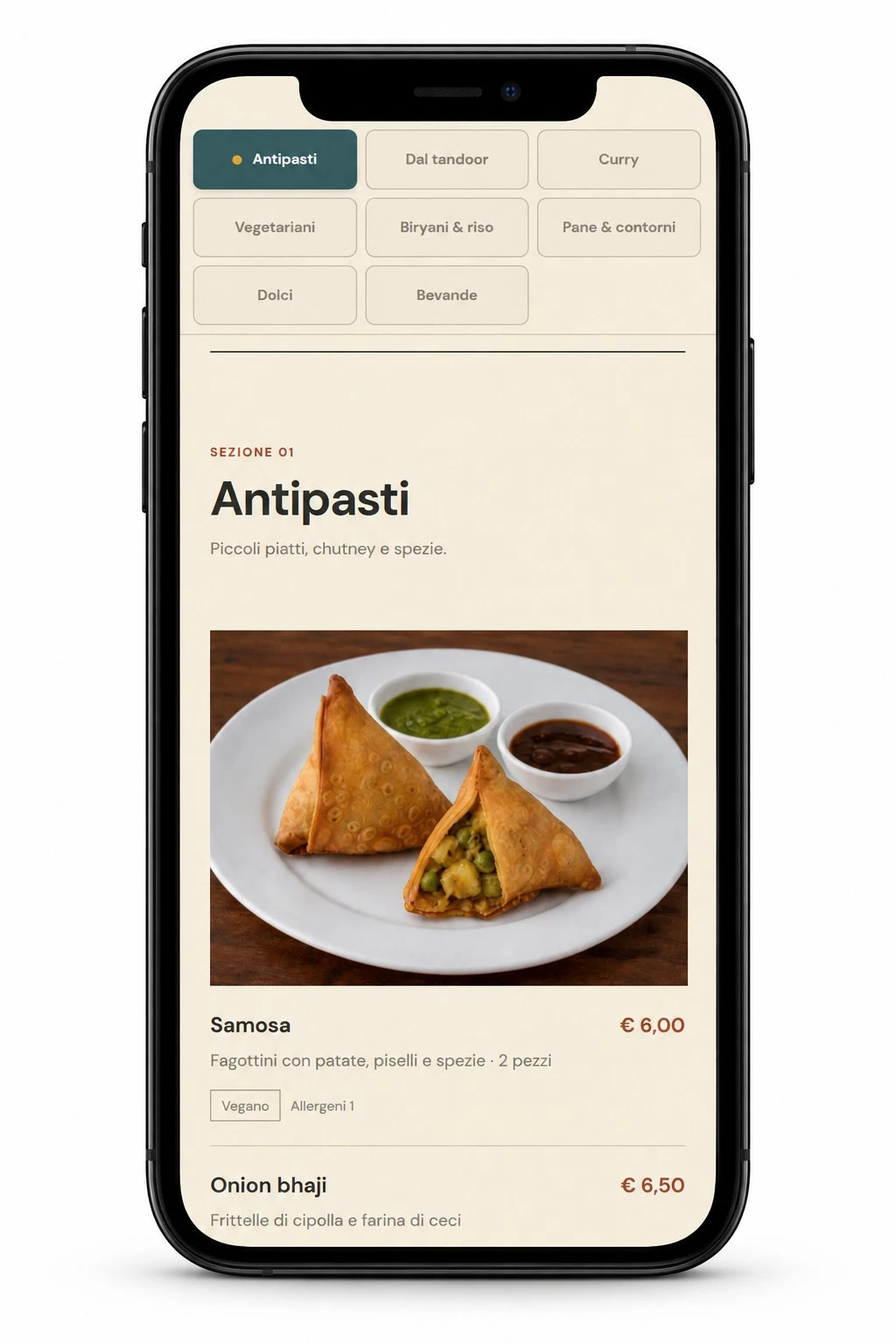 Menu QR SAFFRON su smartphone: categorie, Samosa, prezzo e allergeni