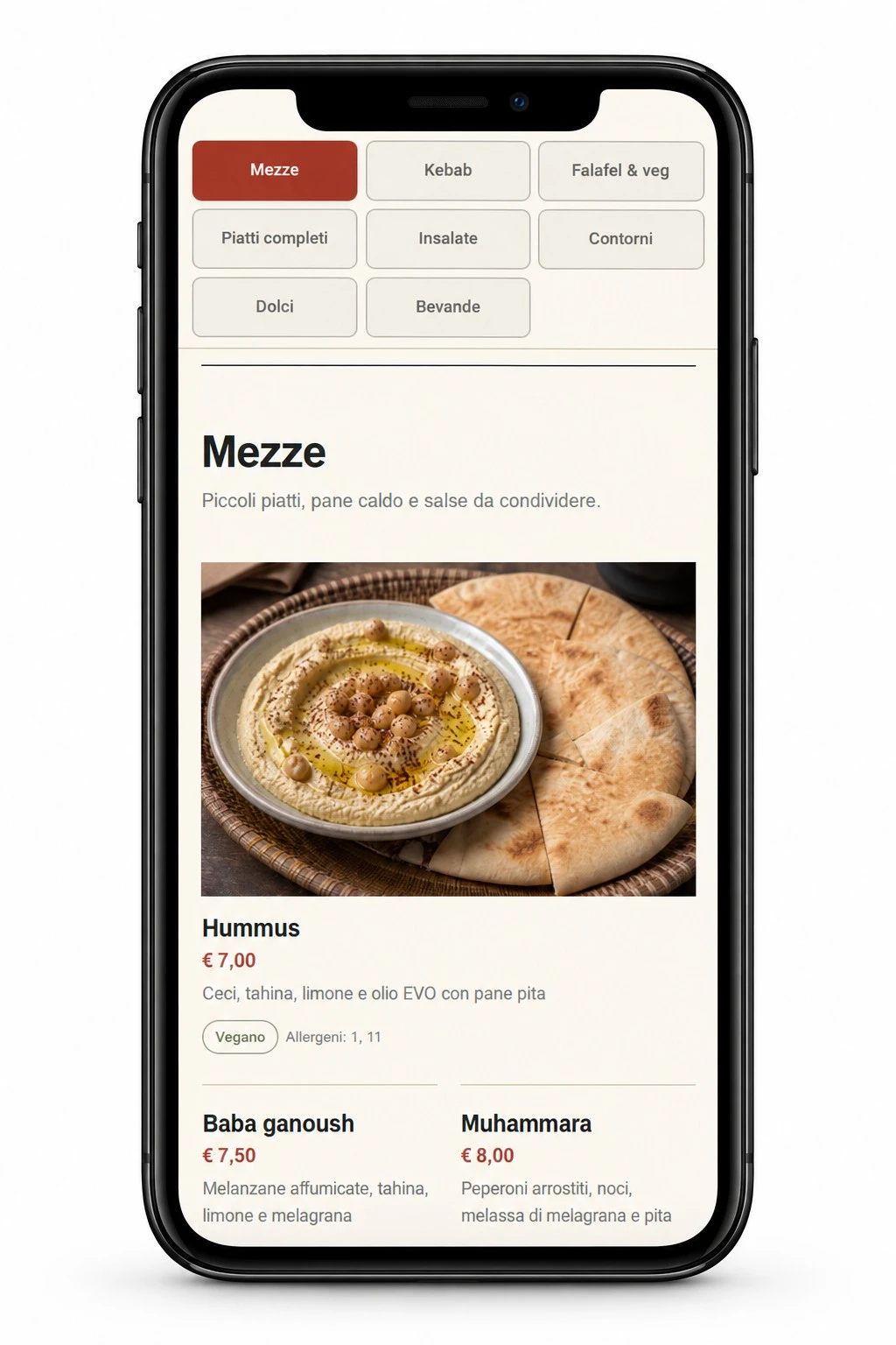 Menu QR SUMAC su smartphone: categorie, Hummus, prezzo e allergeni