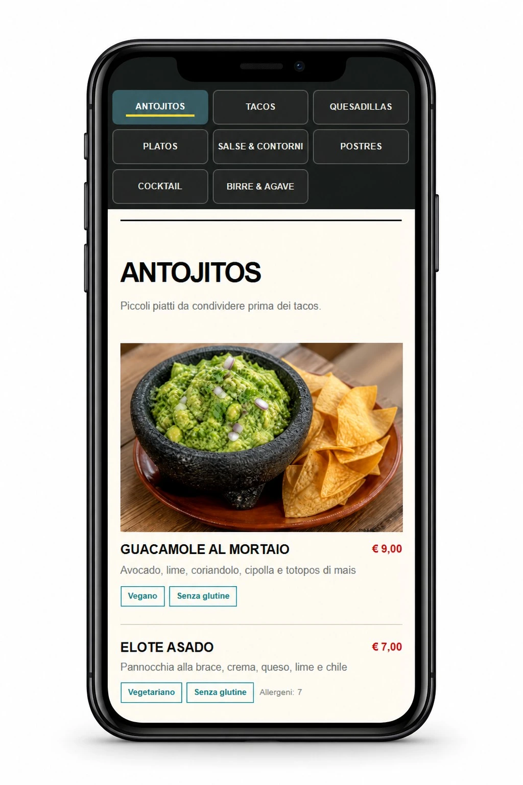 Menu QR MAÍZ su smartphone: categorie, Guacamole al mortaio, prezzo e allergeni