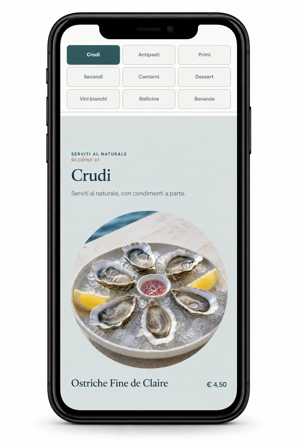 Menu QR LIMEA su smartphone: categorie, Ostriche Fine de Claire, prezzo e allergeni