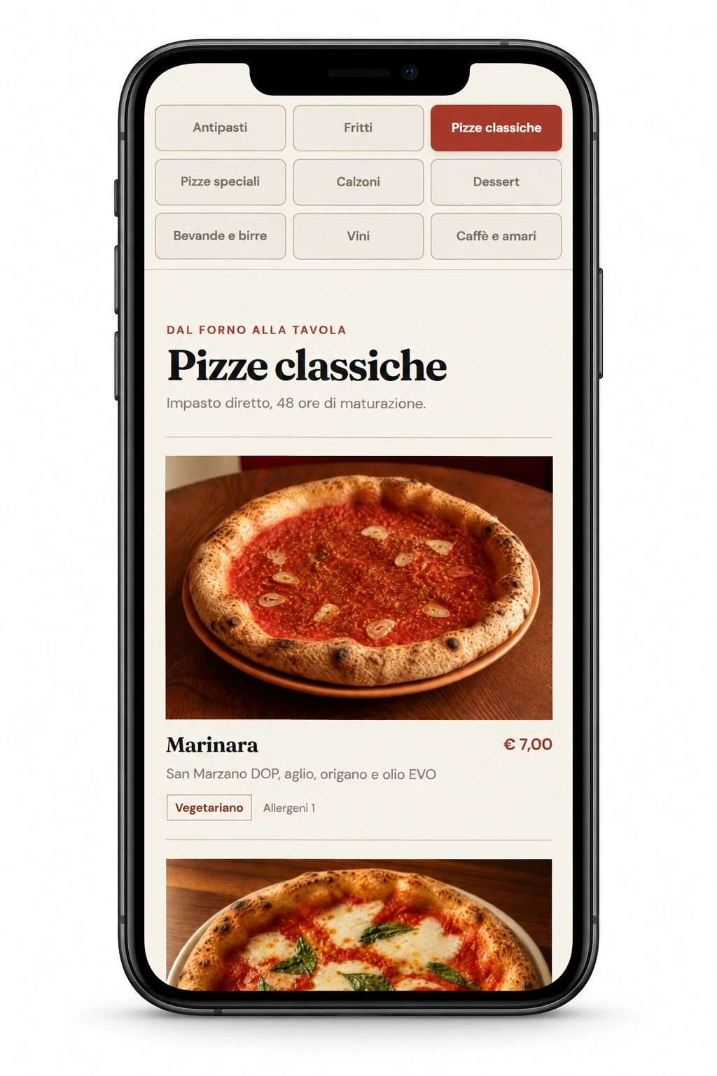Menu QR Grano 32 su smartphone: categorie, pizza Marinara, prezzo e allergeni