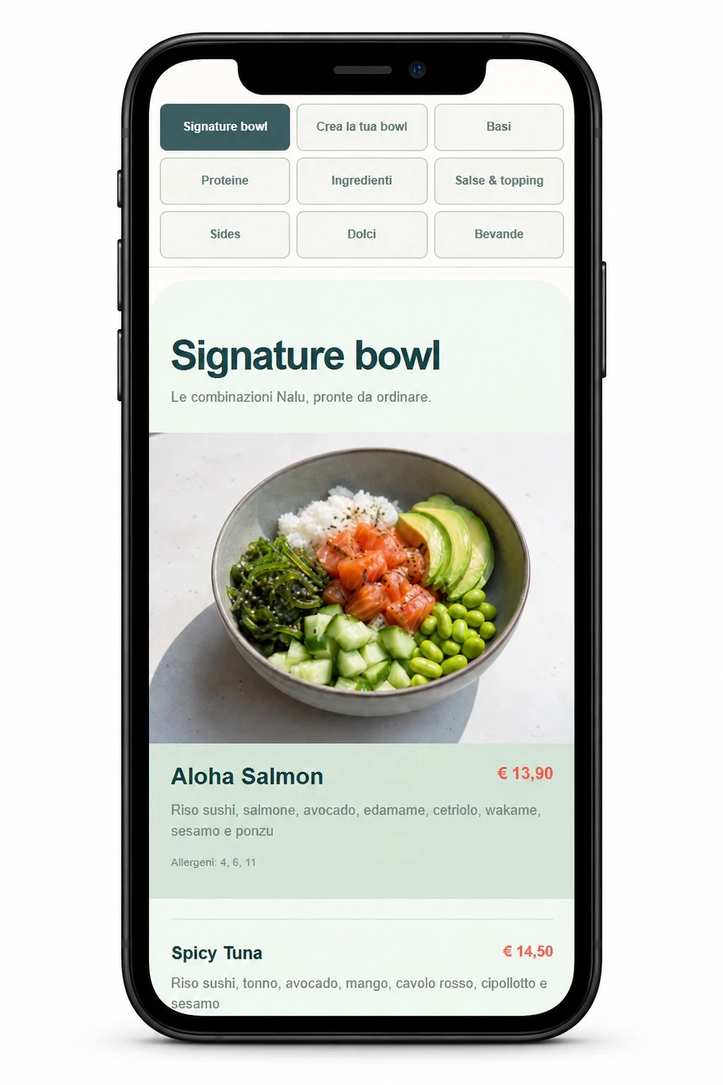 Menu QR NALU su smartphone: categorie, Aloha Salmon, prezzo e allergeni