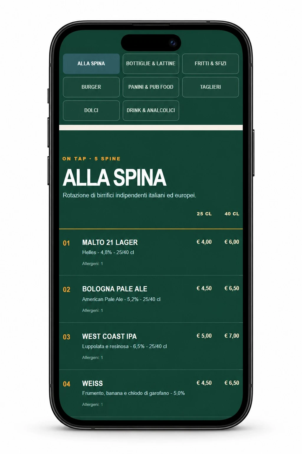 Menu QR Malto 21 su smartphone: categorie, Malto 21 Lager, prezzo e allergeni