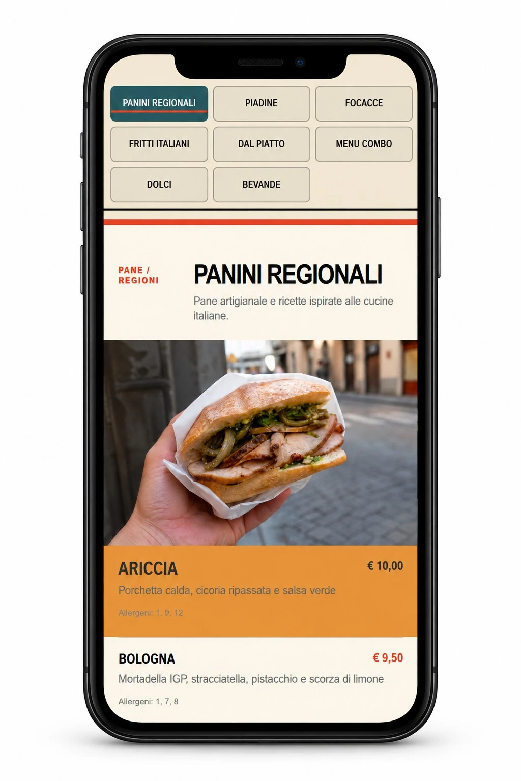 Menu QR VIAVAI su smartphone: categorie, Ariccia, prezzo e allergeni