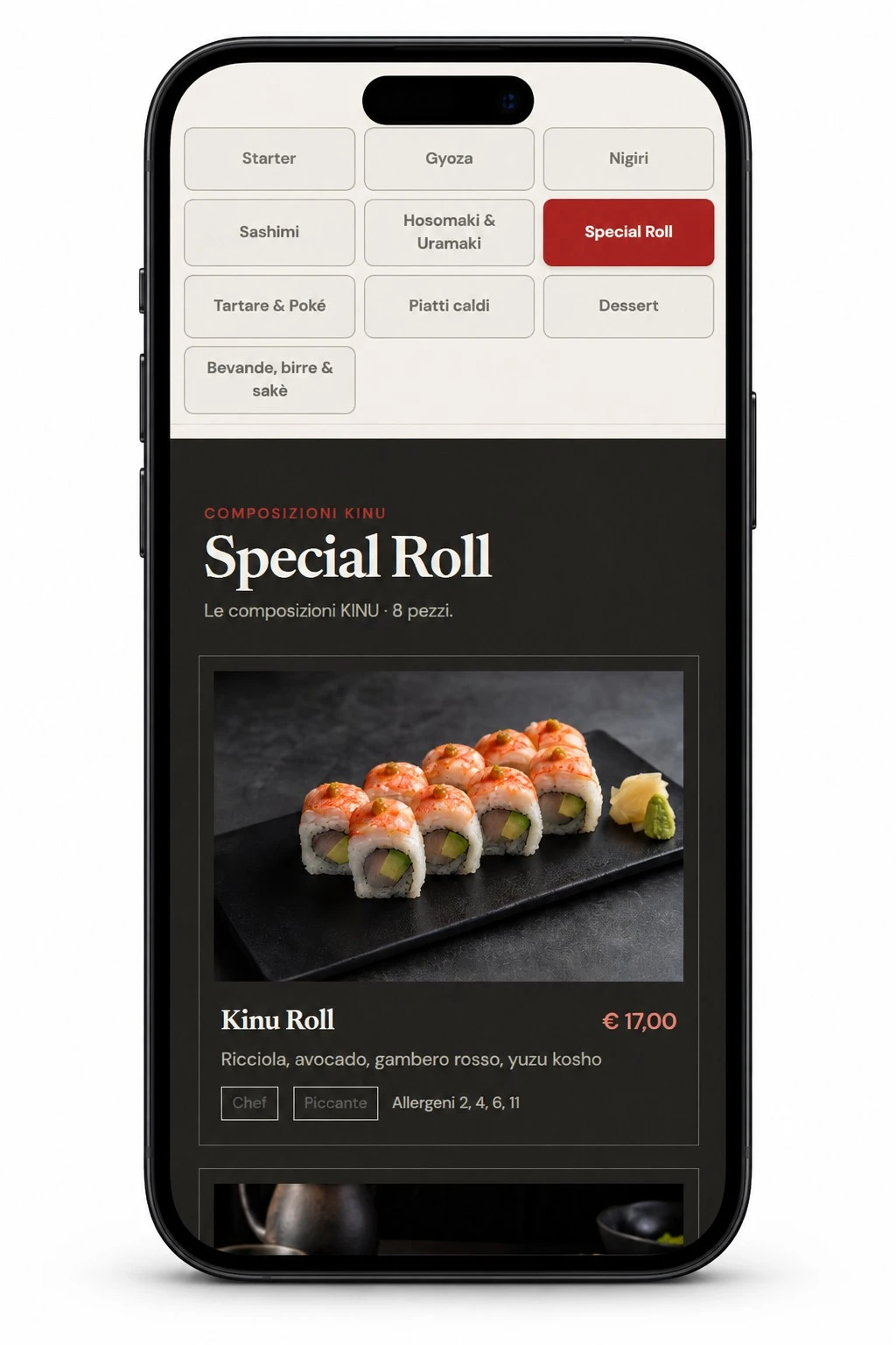 Menu QR KINU su smartphone: categorie, Kinu Roll, prezzo e allergeni