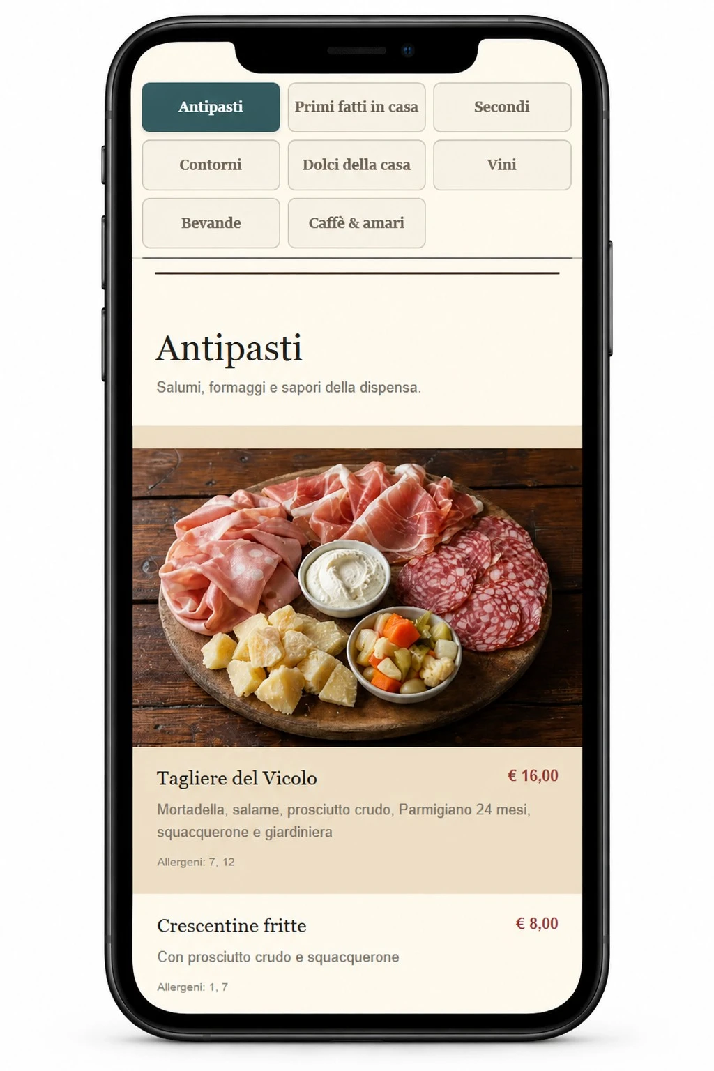 Menu QR Del Vicolo su smartphone: categorie, Tagliere del Vicolo, prezzo e allergeni