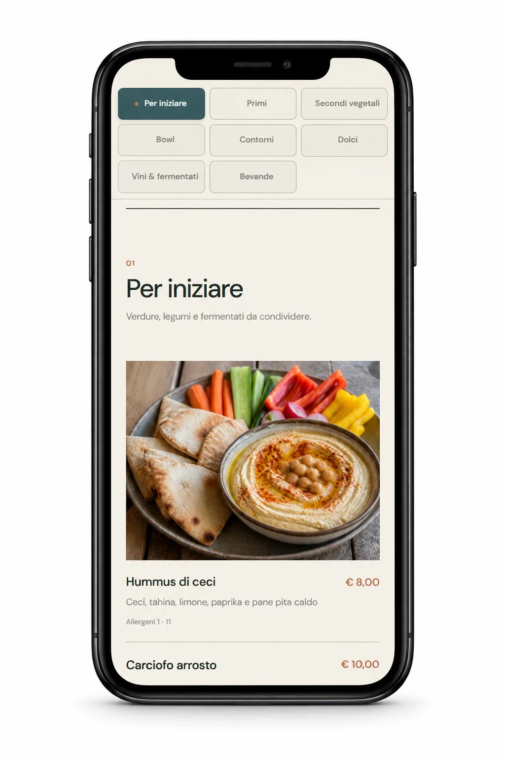Menu QR RADICE su smartphone: categorie, Hummus di ceci, prezzo e allergeni