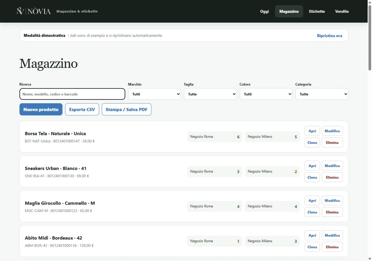 Schermata del Software per la gestione dei prodotti in magazzino