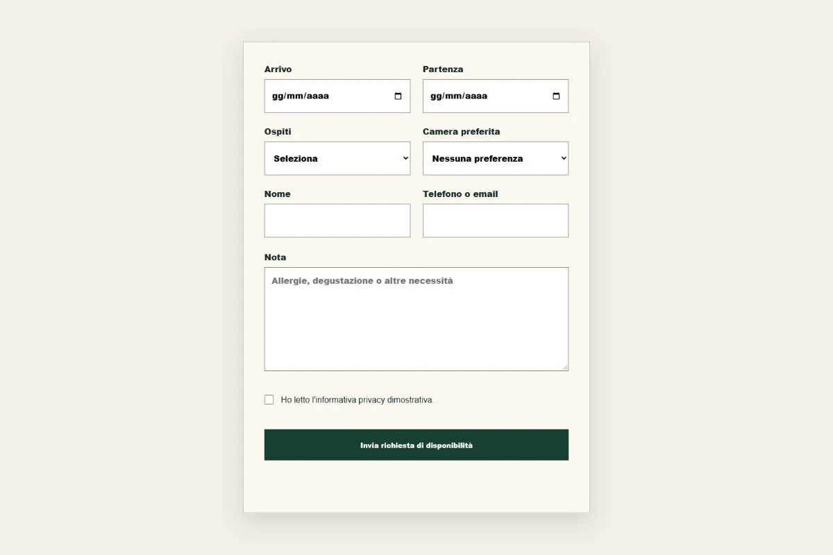 Sito Web professionale Olmo Nero: modulo di richiesta disponibilità