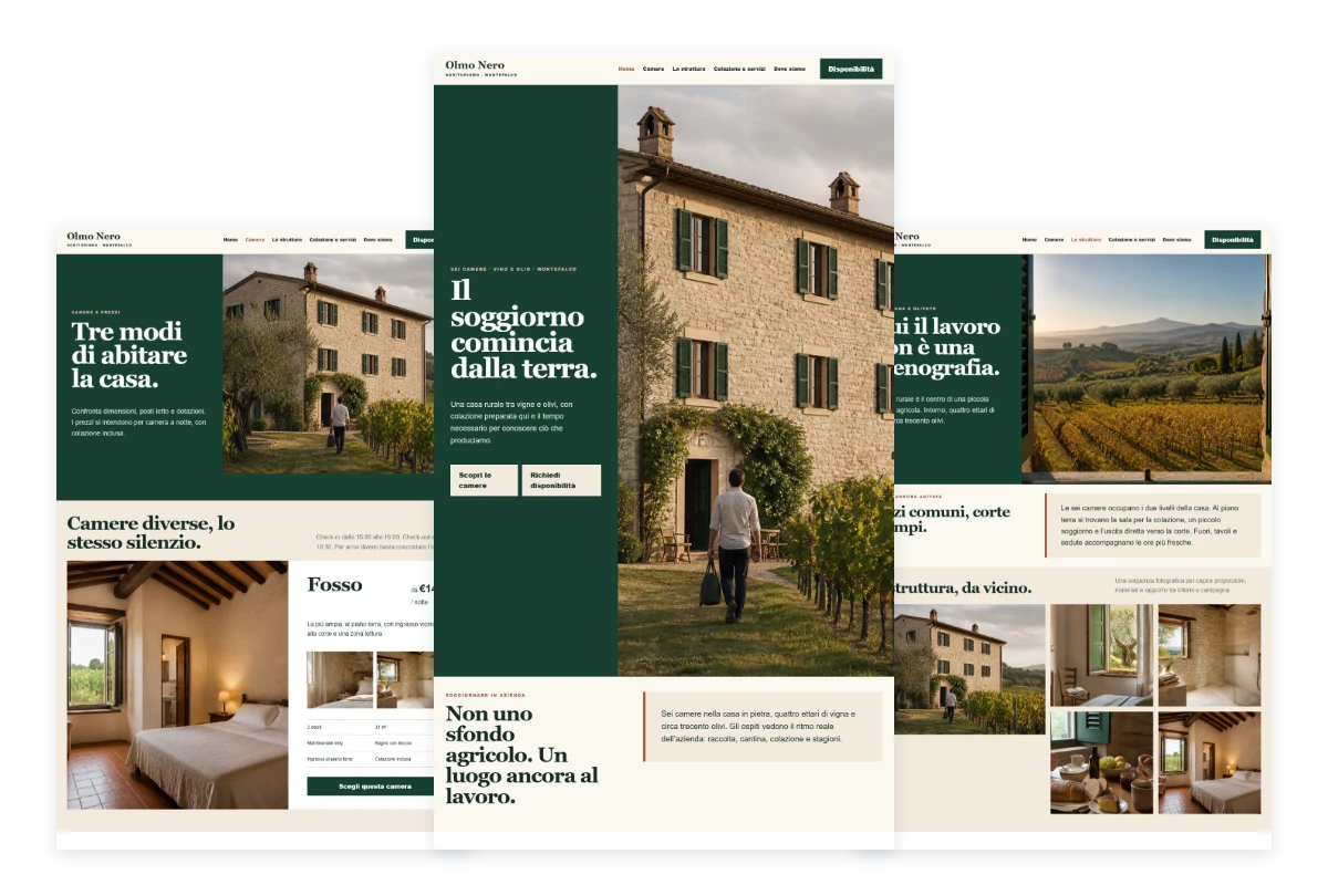 Sito Web professionale Olmo Nero: homepage, camere e presentazione della struttura