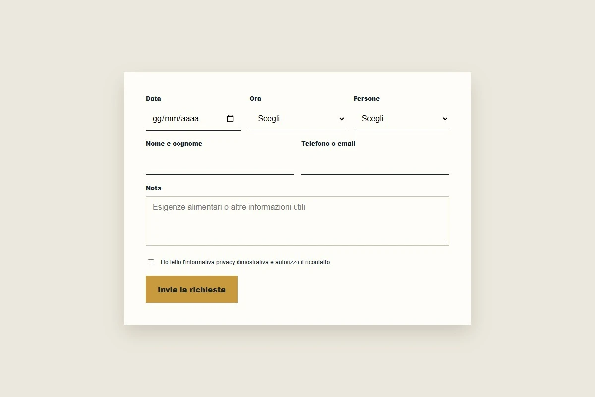 Sito Web professionale per ristoranti Osteria del Vicolo: modulo per chiedere un tavolo
