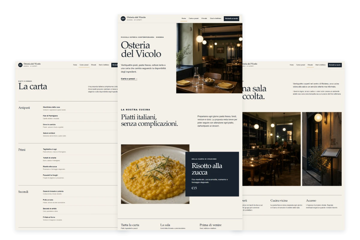 Sito Web professionale per ristoranti Osteria del Vicolo: homepage, menu e locale