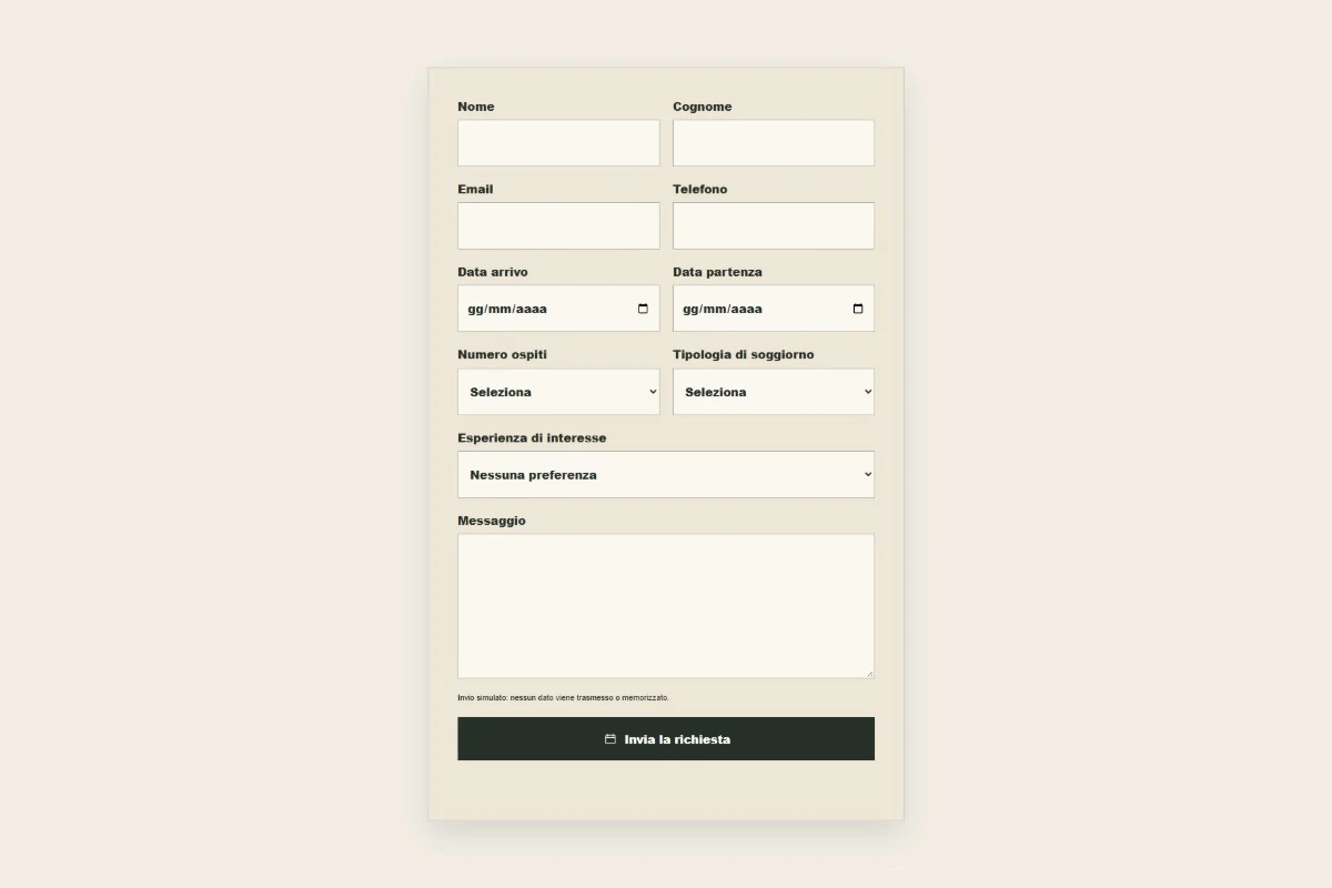 Sito Web professionale Podere Selva Chiara: modulo di richiesta disponibilità