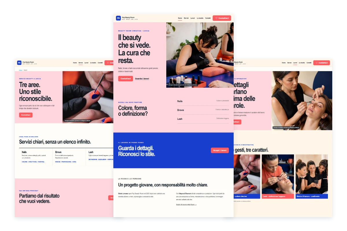 Sito Web professionale Pop Beauty Room: homepage, servizi e lavori