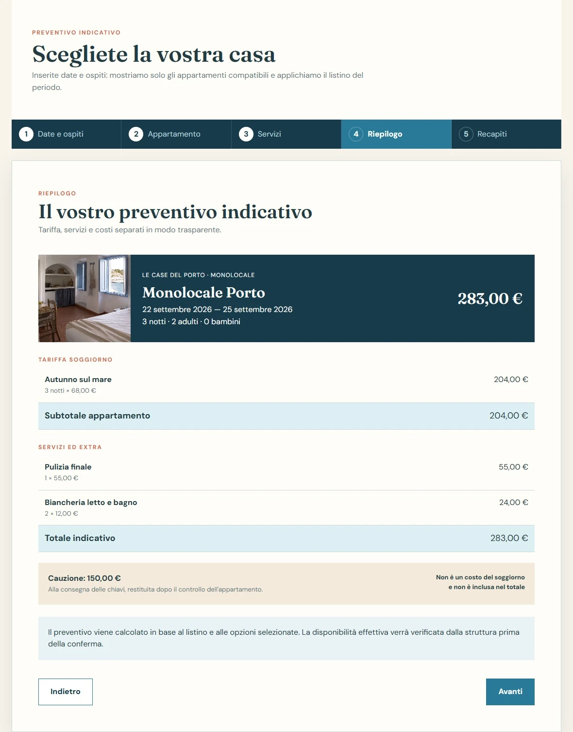 Il riepilogo nel preventivatore Case Vacanza Le Case del Porto