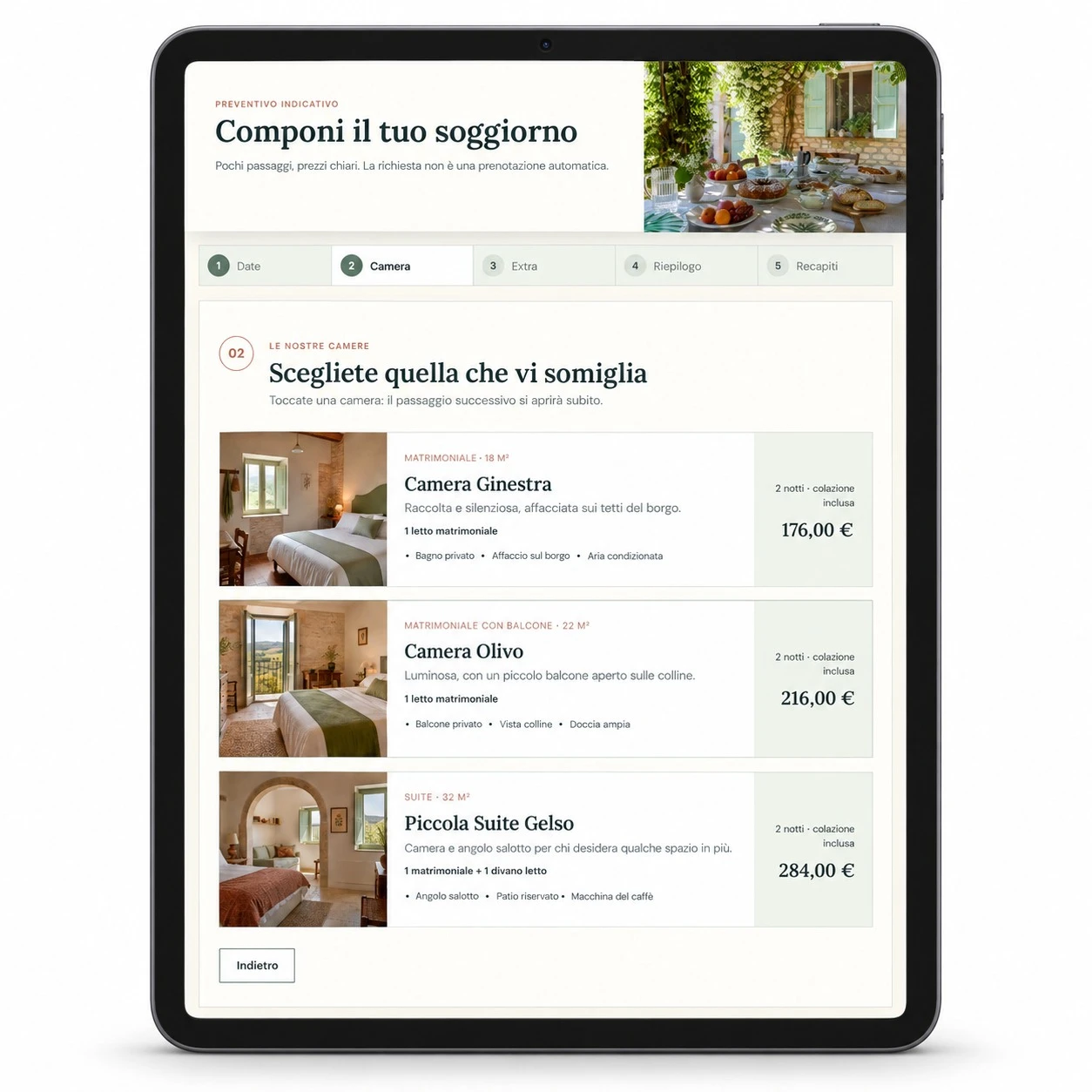 Il preventivatore Casa Gelsomino su tablet: scelta della camera