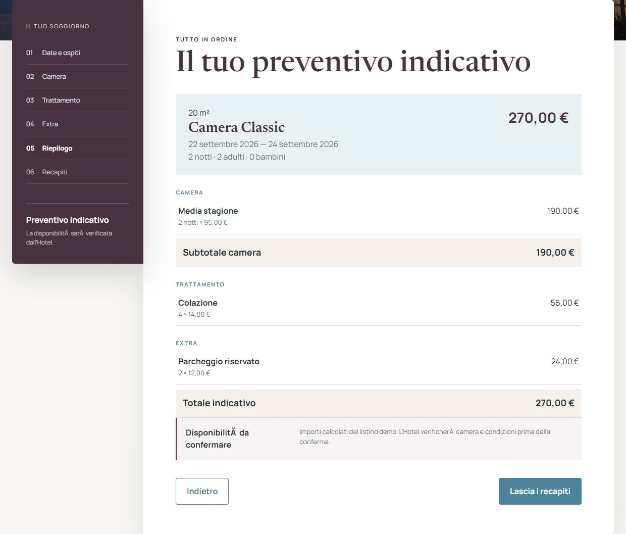 Il riepilogo nel preventivatore Hotel Hotel Aurelia