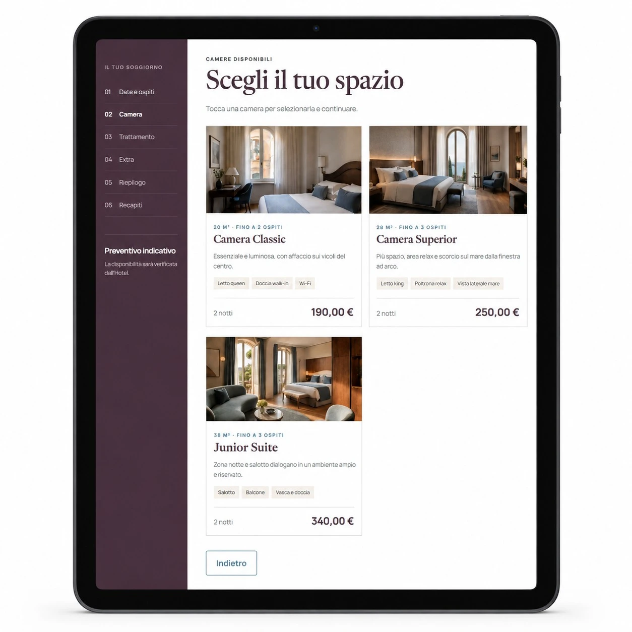 Il preventivatore Hotel Aurelia su tablet: scelta della camera