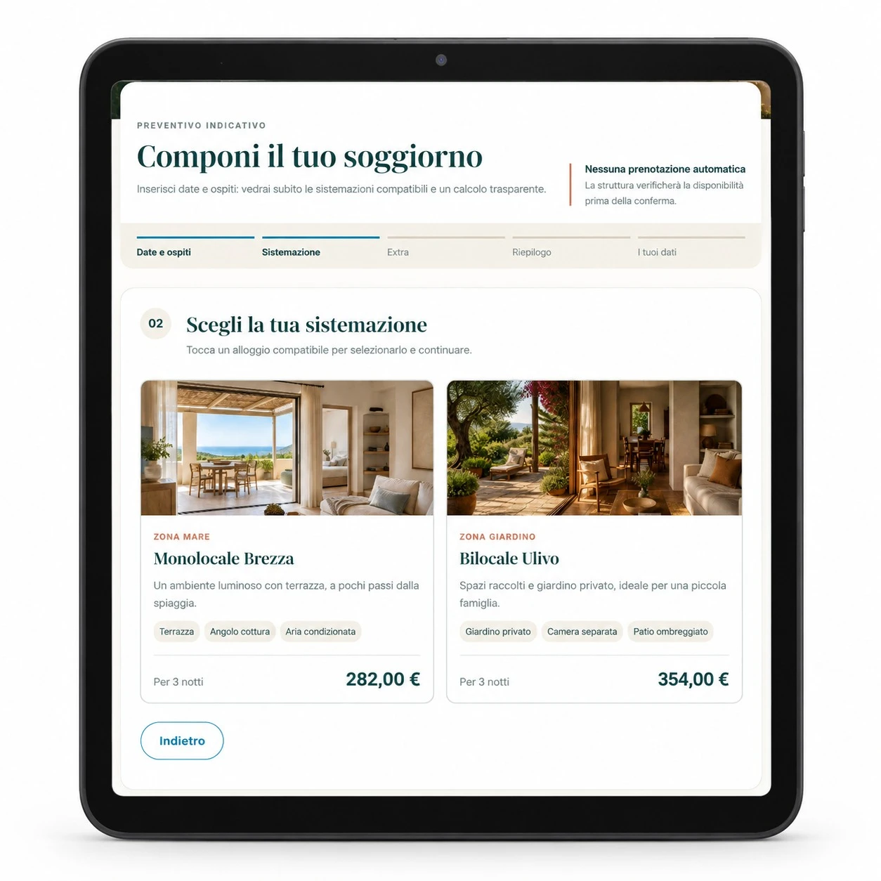 Il preventivatore Borgo Adriatico su tablet: scelta dell'alloggio