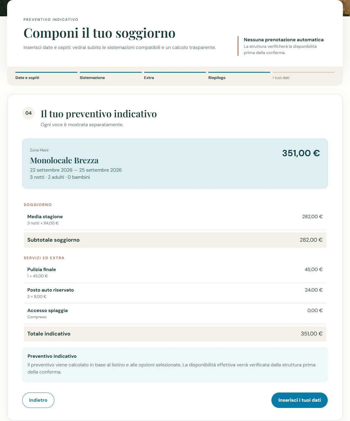 Il riepilogo nel preventivatore Residence Borgo Adriatico