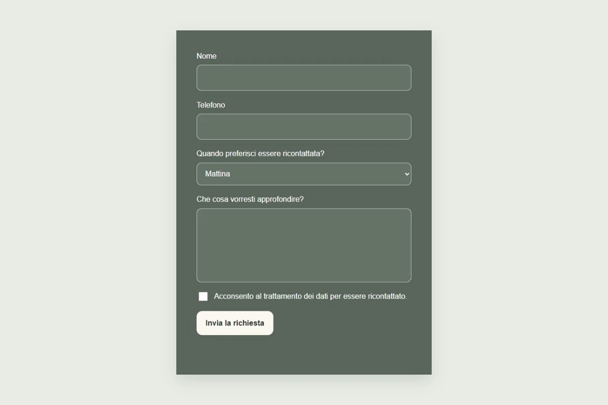 Sito Web professionale Radice Serena: modulo di primo contatto