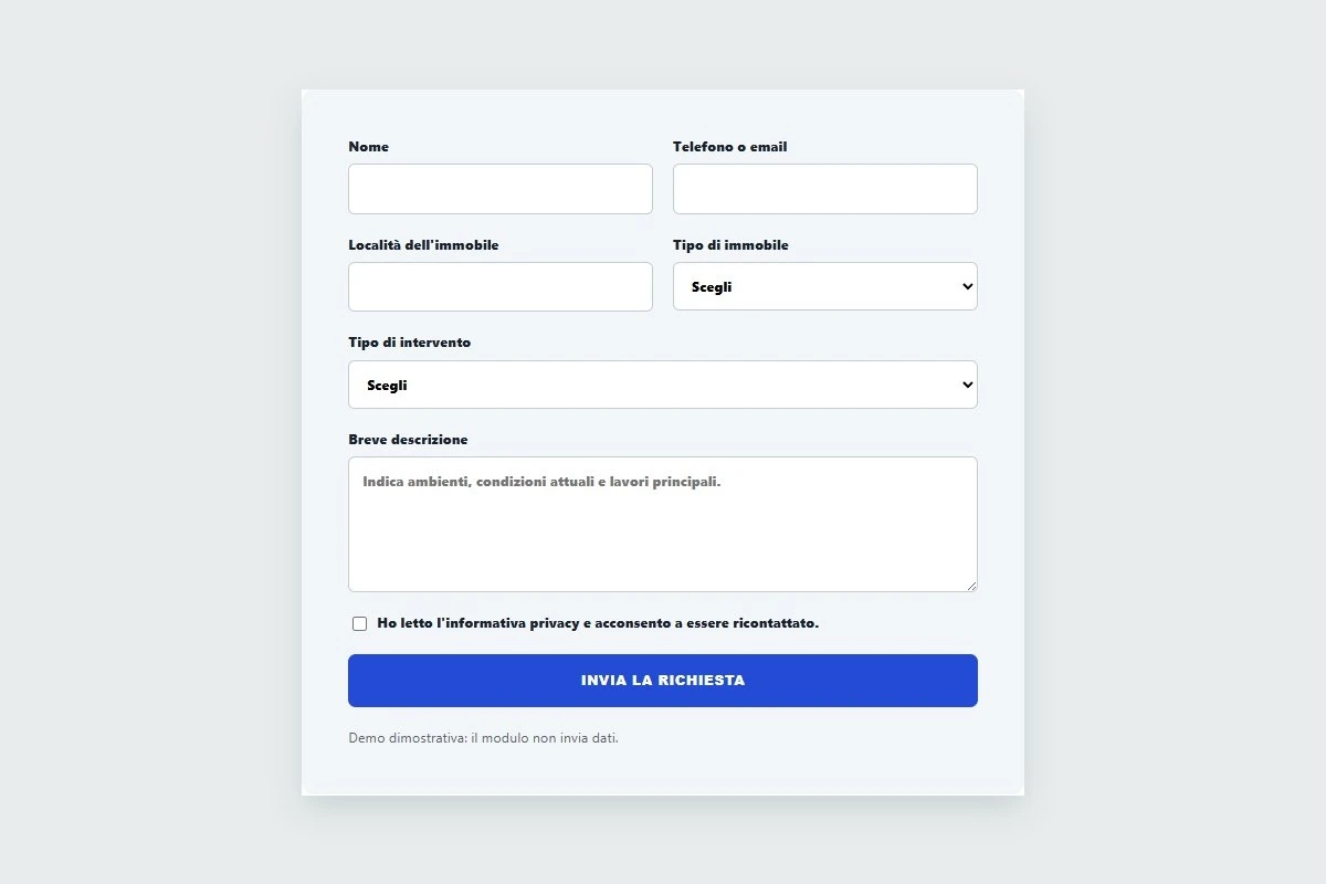 Sito Web professionale Rinaldi Cantiere: modulo di richiesta di contatto