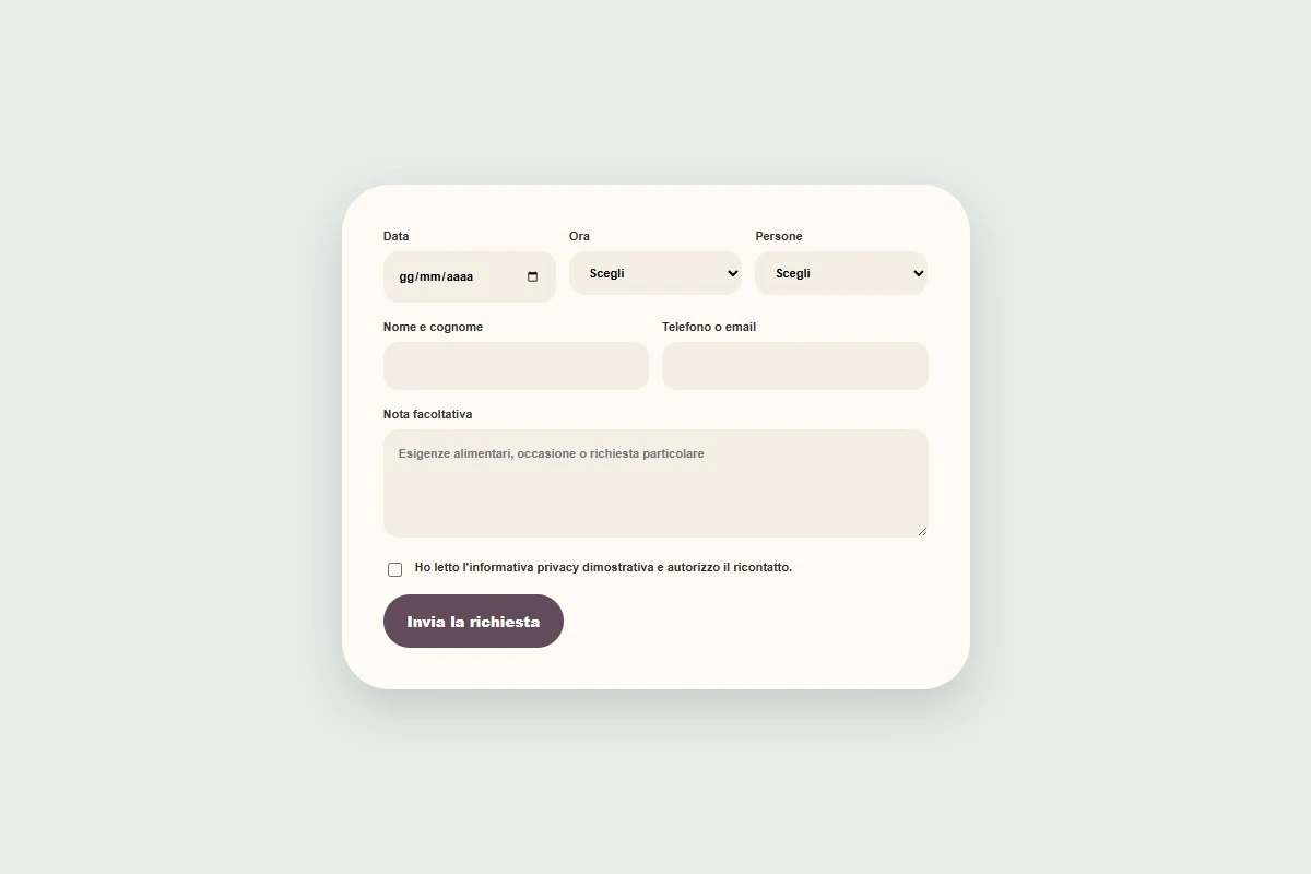 Sito Web professionale per ristoranti Riva: modulo per chiedere un tavolo