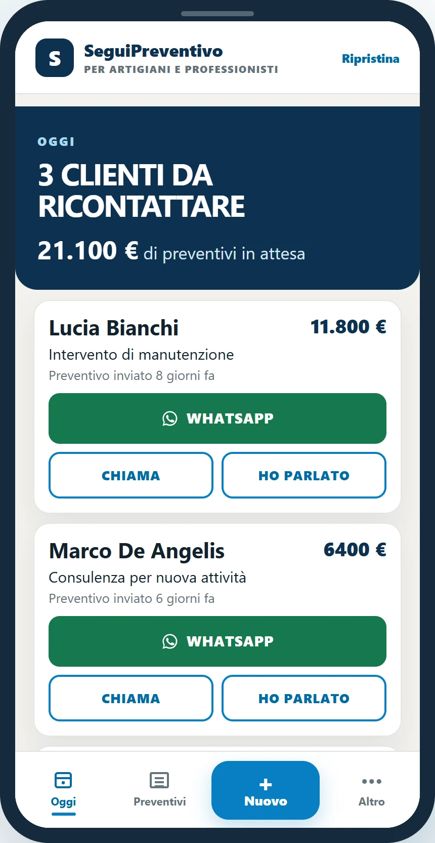 Vedi chi ricontattare nella demo SeguiPreventivo per Artigiani e Professionisti