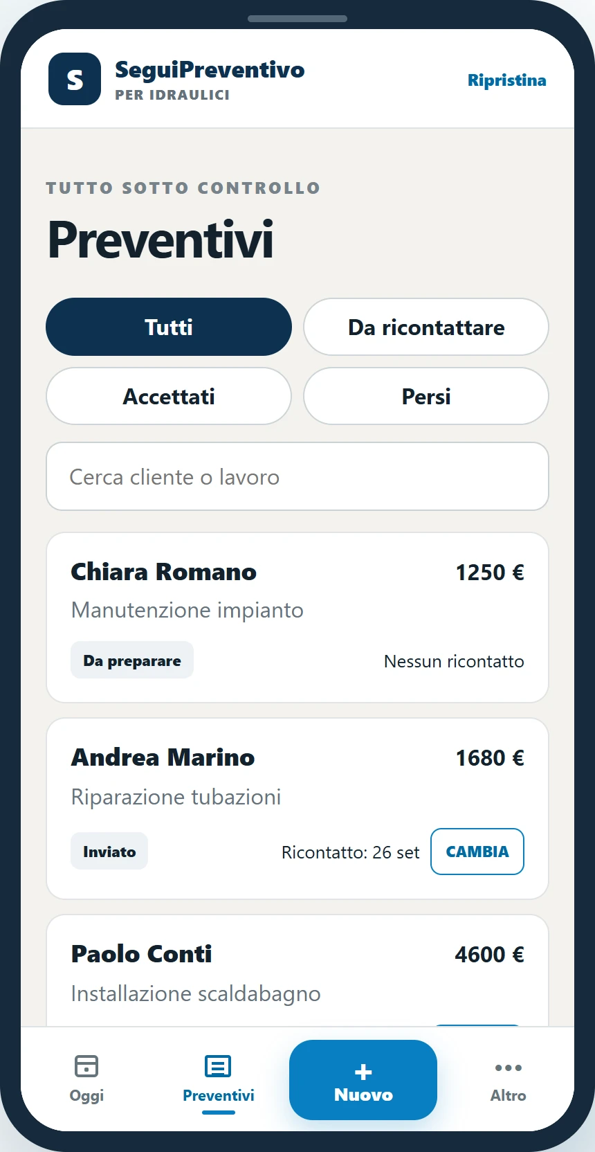 Vedi i preventivi nella demo SeguiPreventivo per Idraulici