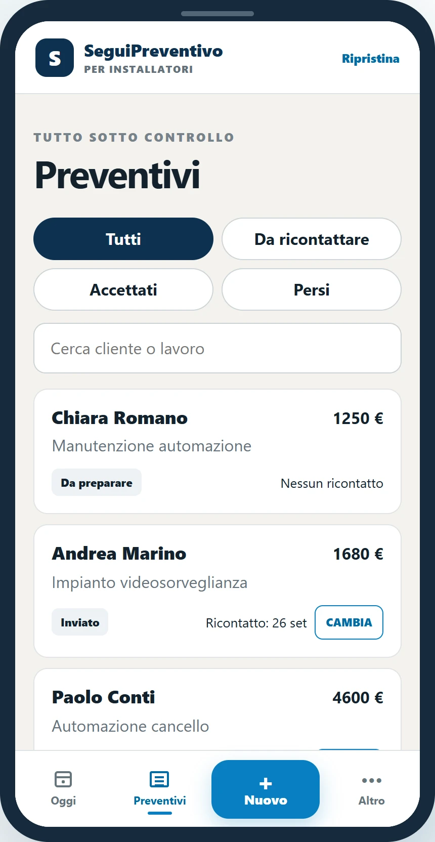 Vedi i preventivi nella demo SeguiPreventivo per Installatori